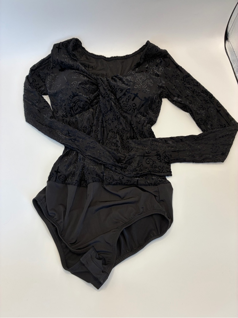 Black Super Soft Textured Long-Sleeve Bodysuit Leotard Size M